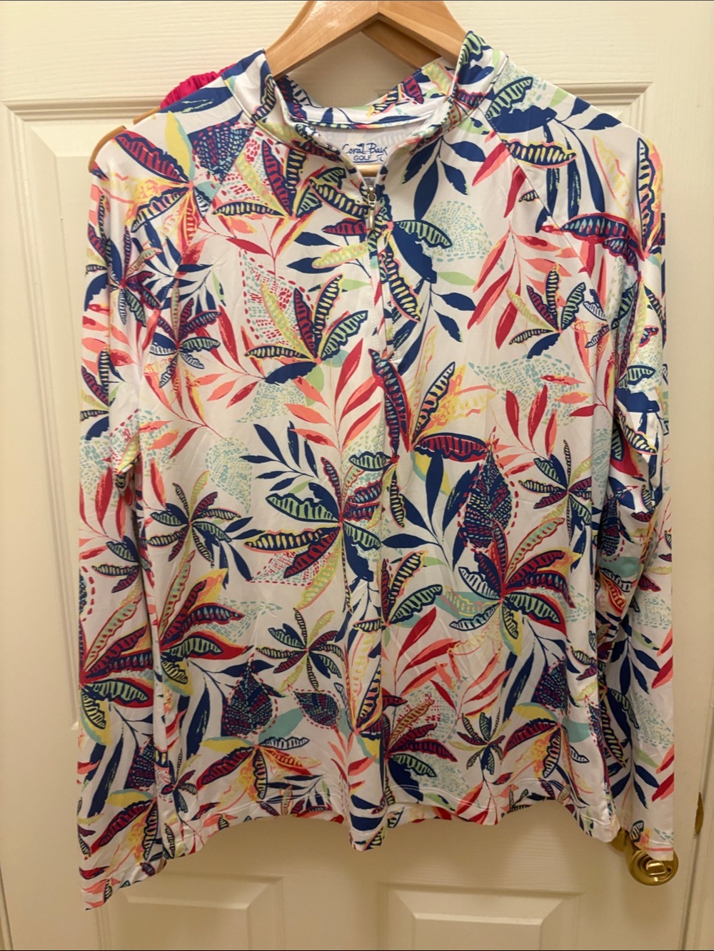 Coral Bay Golf Tropical Zip-Front Pullover with Navy & Coral Accents size Large
